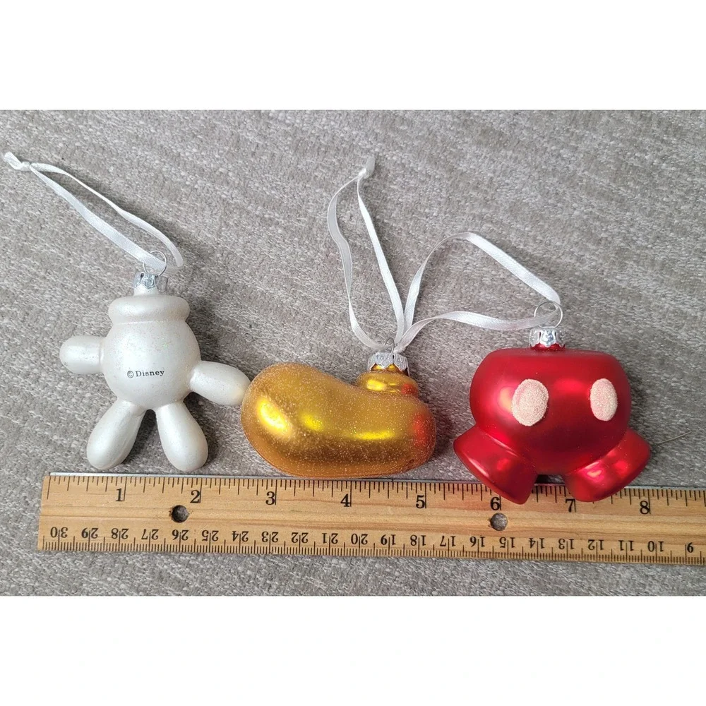 Disney Mickey Mouse Glove Shorts Shoe Glass Christmas Ornaments Set 3 Red Gold